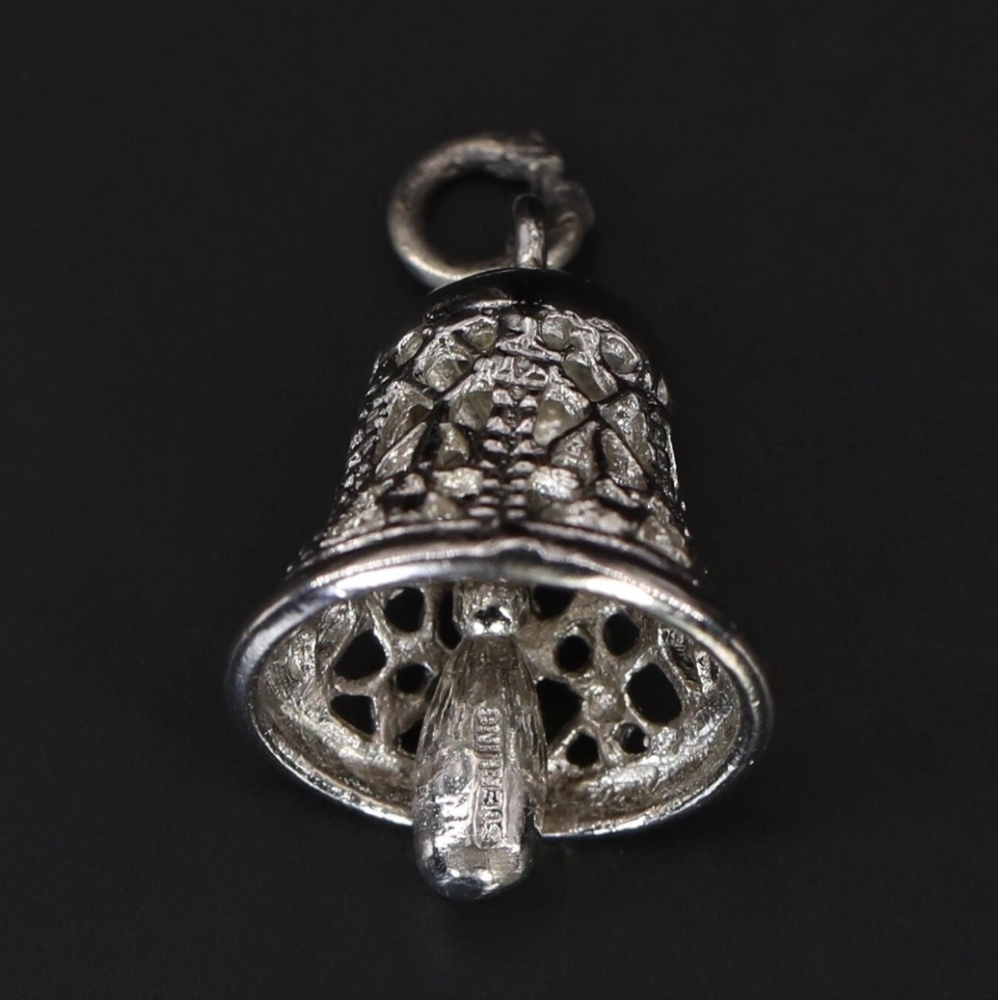 Vintage 925 Sterling Silver 1950's Heart Filigree Wedding Bell Bracelet Charm 3g
